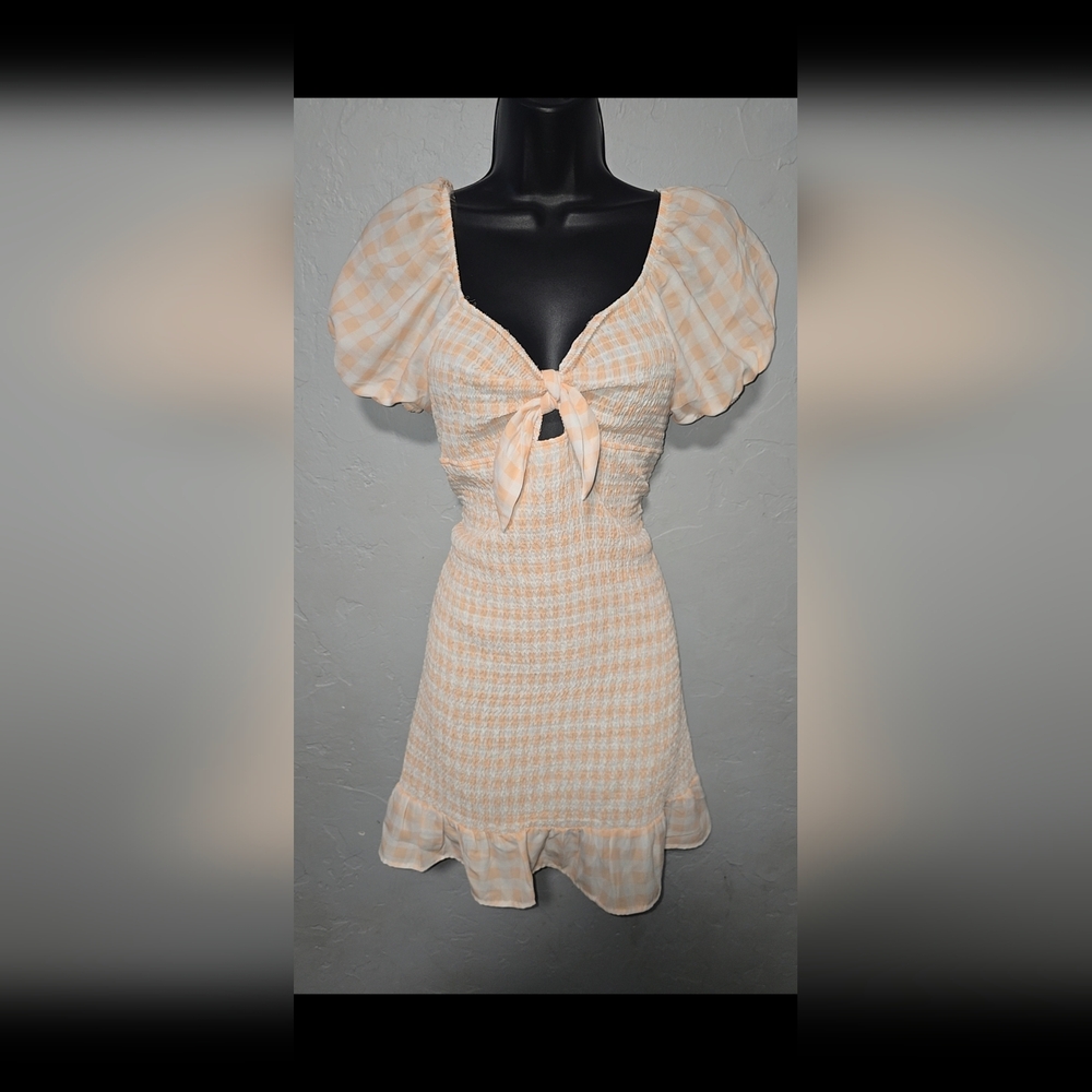 Plaid Puff Sleeve Dress with Tie Front